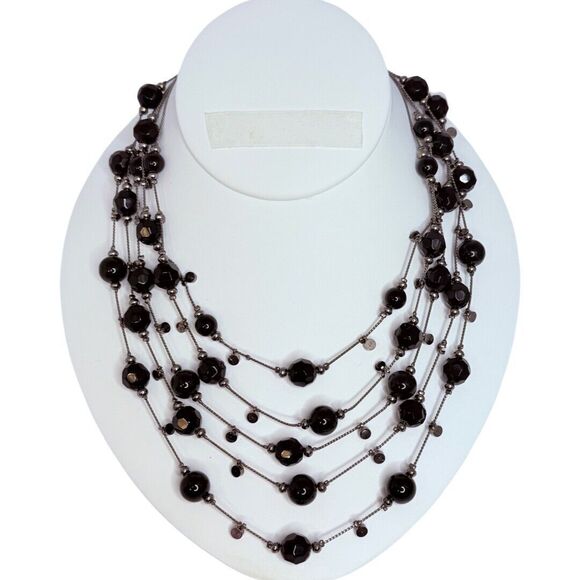 Black Glass Beaded Layered Statement Necklace 20" Gunmetal Multi-Strand - Picture 9 of 9